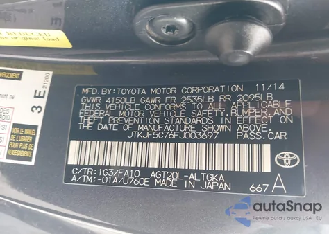 2015 Scion Tc z USA, uszkodzony, nr VIN JTKJF5C76FJ003697